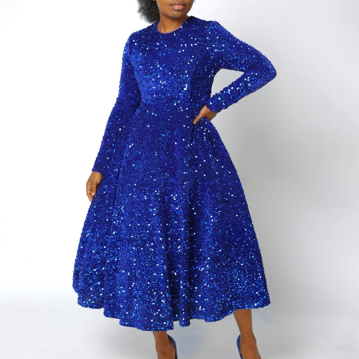 Fashion women's wear D469 Cross-Border New Arrival Women's round Neck Long Sleeve Pure Color Sequins High Waist Temperament Mid-Length Formal Dress European and American Style Dress