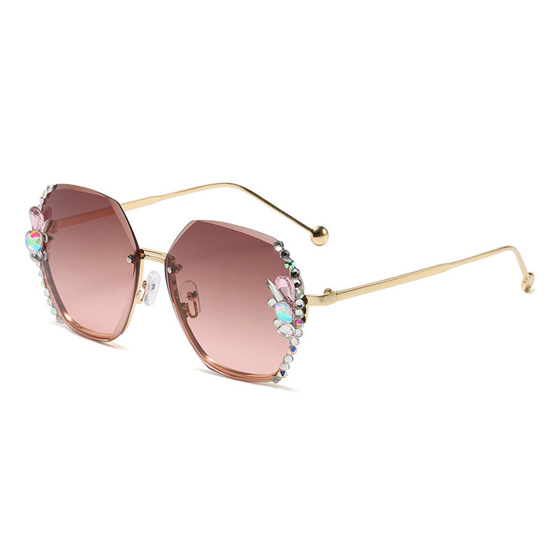 Women's fashion glasses 欧美跨境大框镶钻太阳镜无框防晒防紫外线水晶墨镜女大脸显瘦