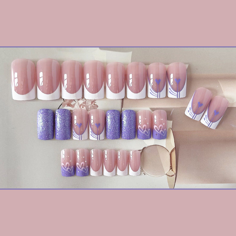 紫闪爱心穿戴甲长方nails 爆闪跨境美甲片外贸假指甲长甲美甲贴片
