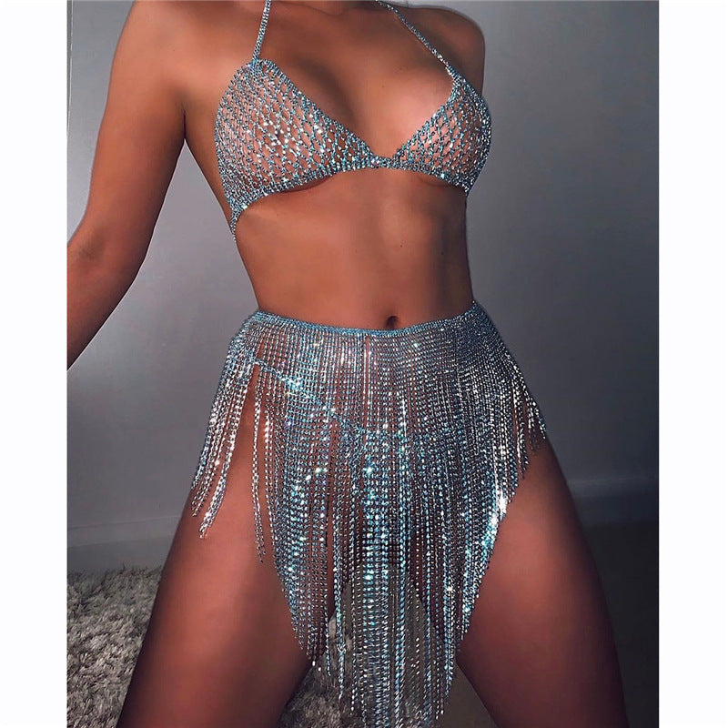 Fashion jewelry manufacturers hot sale blue crystal sexy body chain set nightclub bikini bra shorts skirt body jewelry women