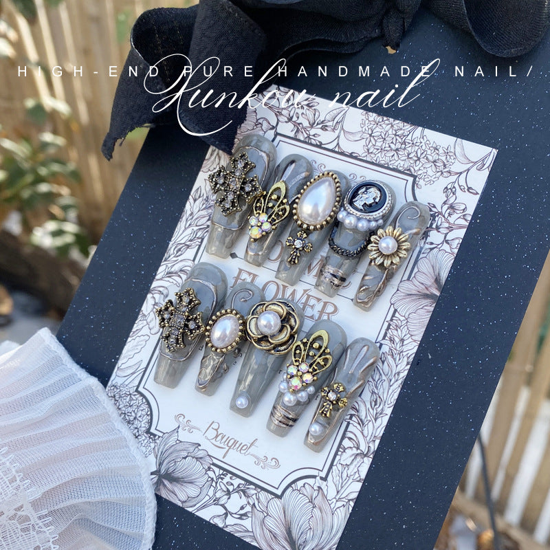 (Hand-Made Nail) Handmade Wear Nail Factory Straight Hair Luxury Sweet Cool Hot Girl Ins European and American Metal Feeling Finished Product Disassembly