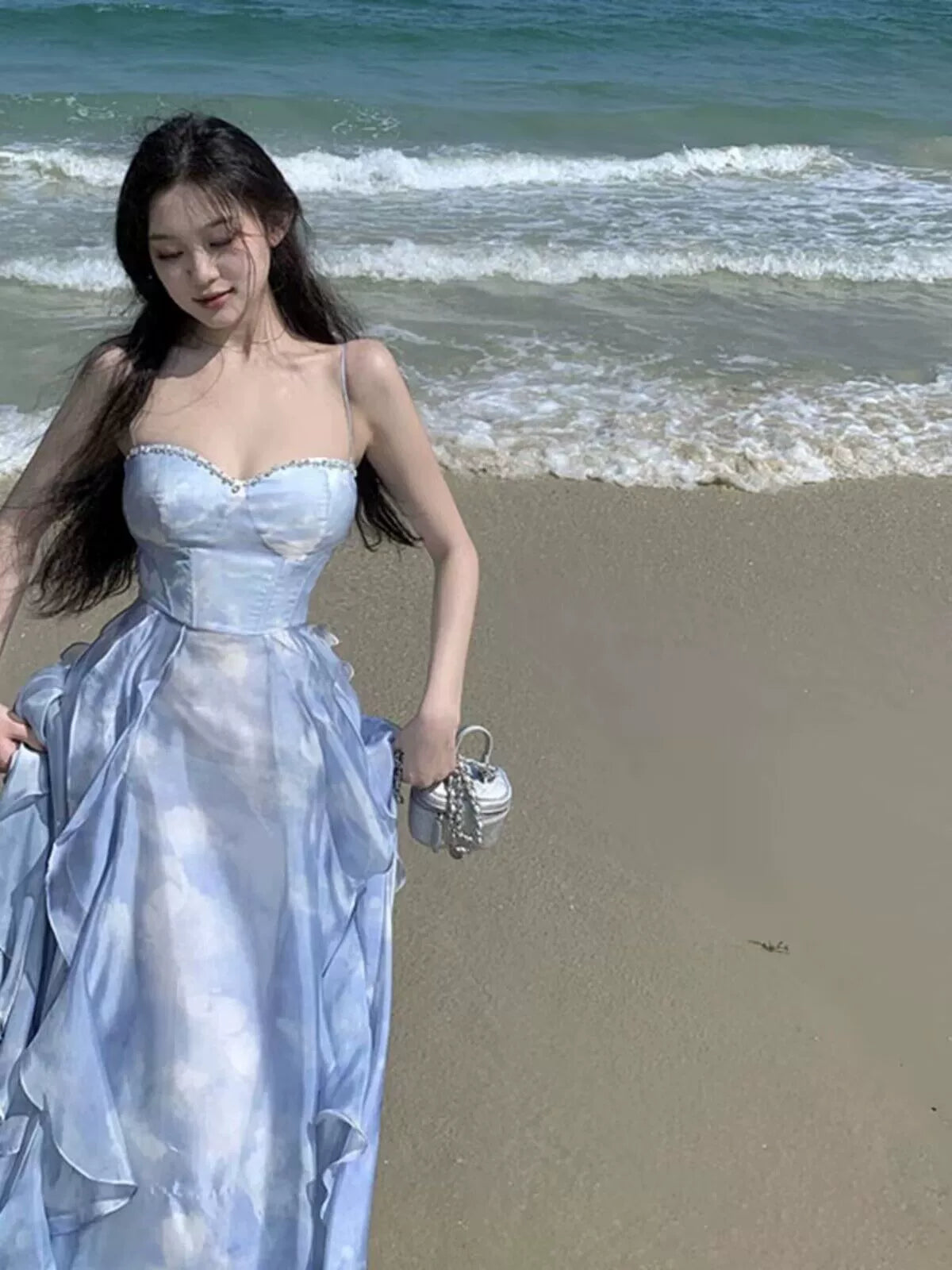 Fashion women's wear French Style Design Niche Sling Dress Women's Seaside Vacation Beach Dress Sunset Fairy Dress Flounced Skirt
