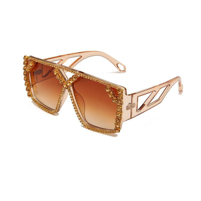 European and American personality large frame diamond sunglasses, exaggerated round face, UV resistant sunglasses, large box outdoor sunglasses for women