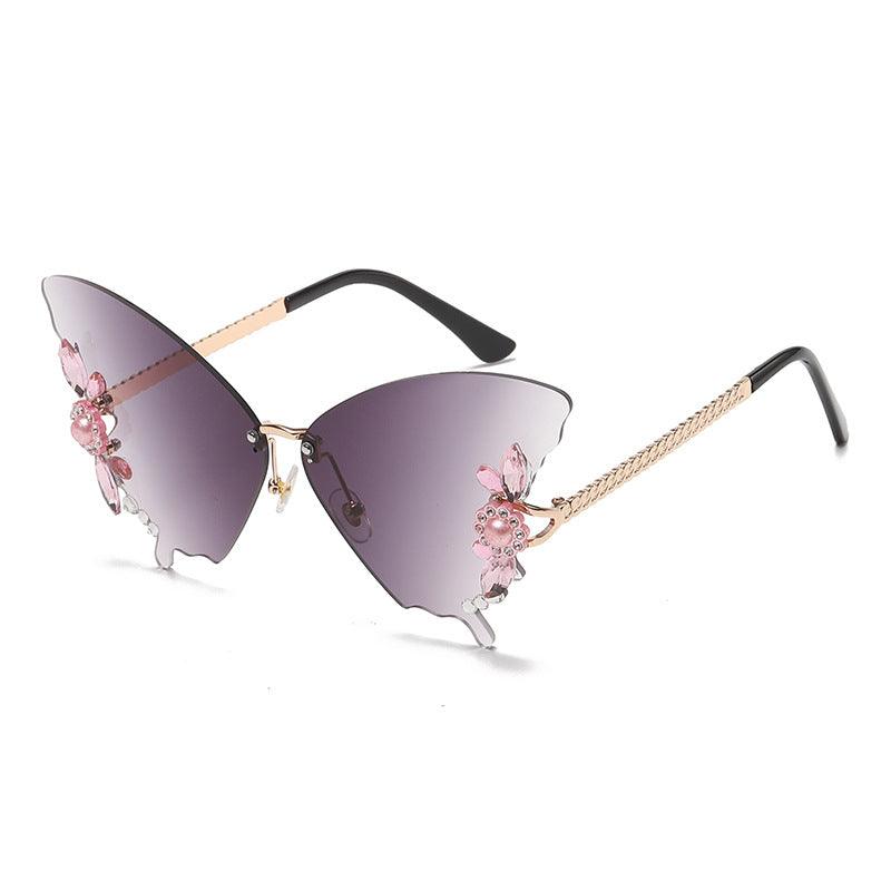 Women's fashion glasses 欧美跨境新款舞会蝴蝶形状镶钻无框太阳镜女夸张墨镜女圆脸大脸