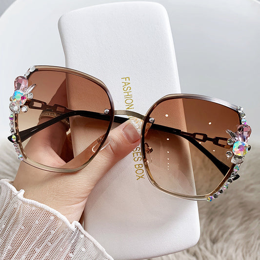 Women's fashion glasses 2022欧美新款大框切边水钻太阳镜眼镜大脸显瘦镶钻墨镜女防紫外线