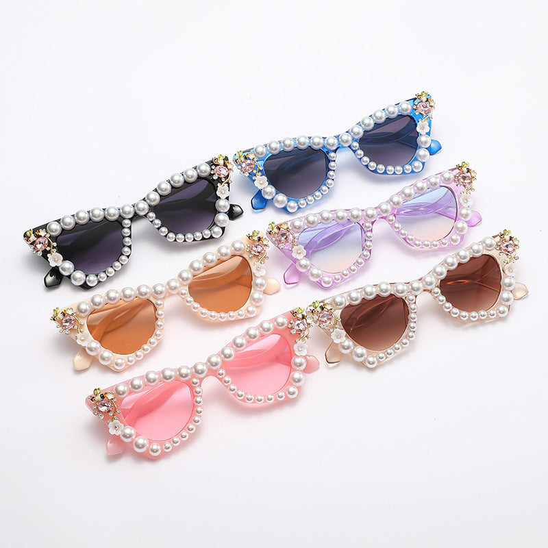 Women's fashion glasses 跨境镶珍珠太阳镜大框架舞会镶钻墨镜女沙滩太阳镜沙雕拍照眼镜