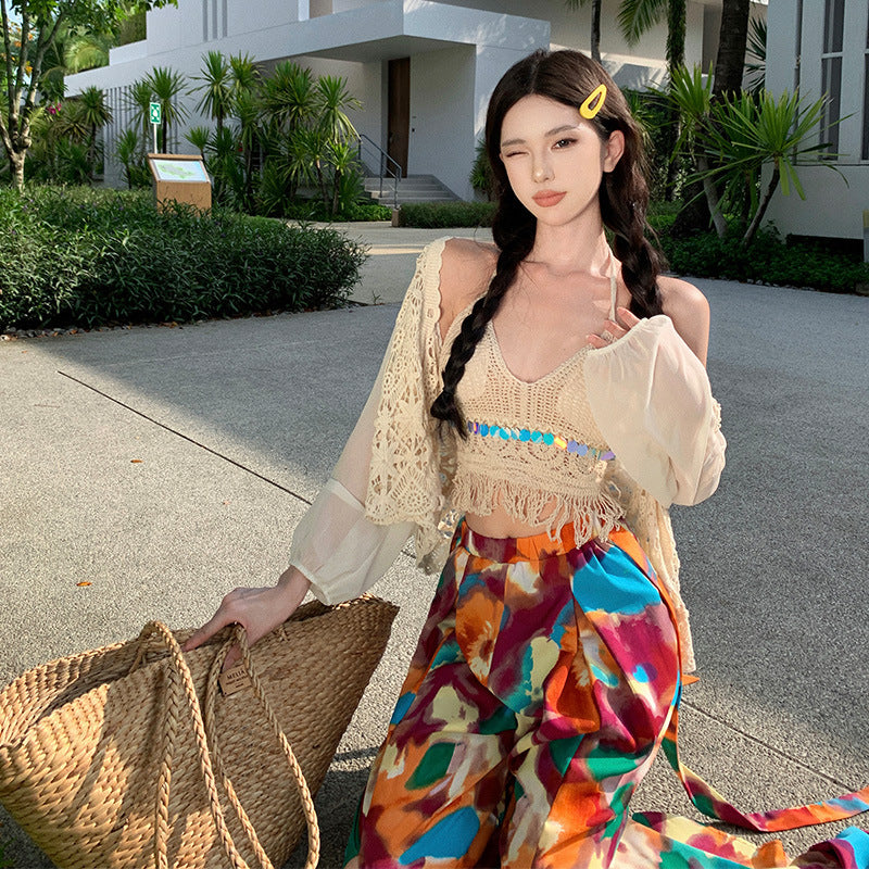 Dopamine pants Free shipping Tattoo 2024 oil painting color dopamine summer cool pants seaside vacation Yunnan Sanya travel style wide-leg trousers