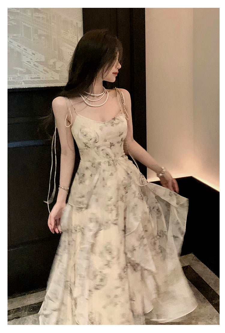 Fashion women's wear Phantom Fairy Ink Blue and White Suspender Dress Sanya Holiday Beach Skirt Irregular Ruffled Floral Dress