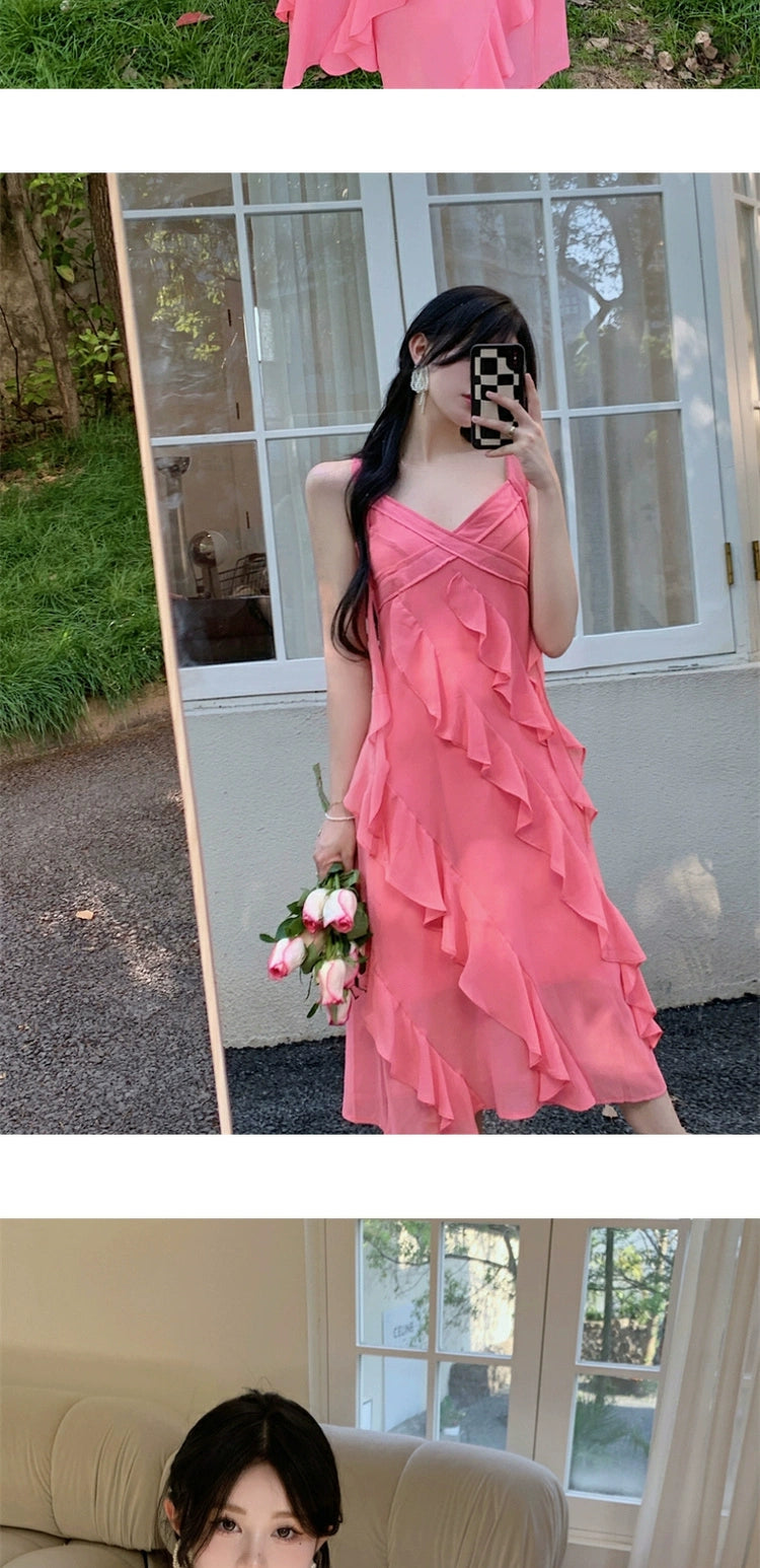 Fashion women's wear French Style Green Suspenders Dress Women's Summer V-neck Elegant Ruffle Waist-Tight Seaside Vacation Beach Dress