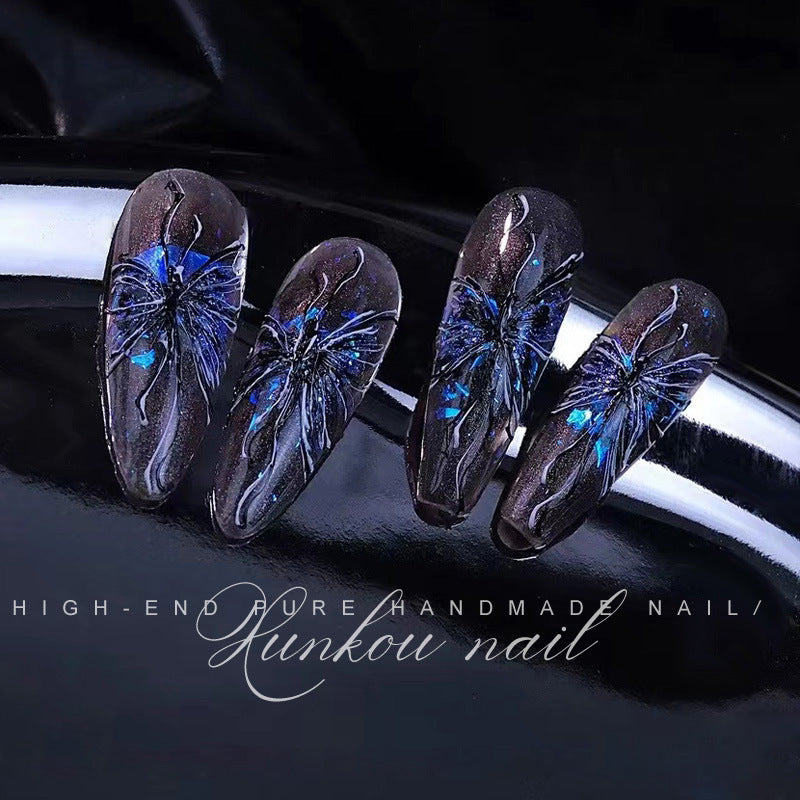 (Hand-Made Nail) Dark Retro Glitter Blue Hand-Painted Butterfly Black Cool Girl Dark Sweet Cool Baroque Hand-Worn Nail Finished Product