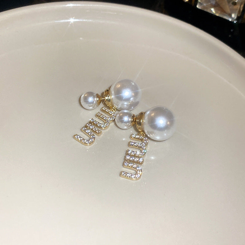 银针锆石字母珍珠耳环一款两戴小众新款耳钉时尚轻奢气质耳饰批发
