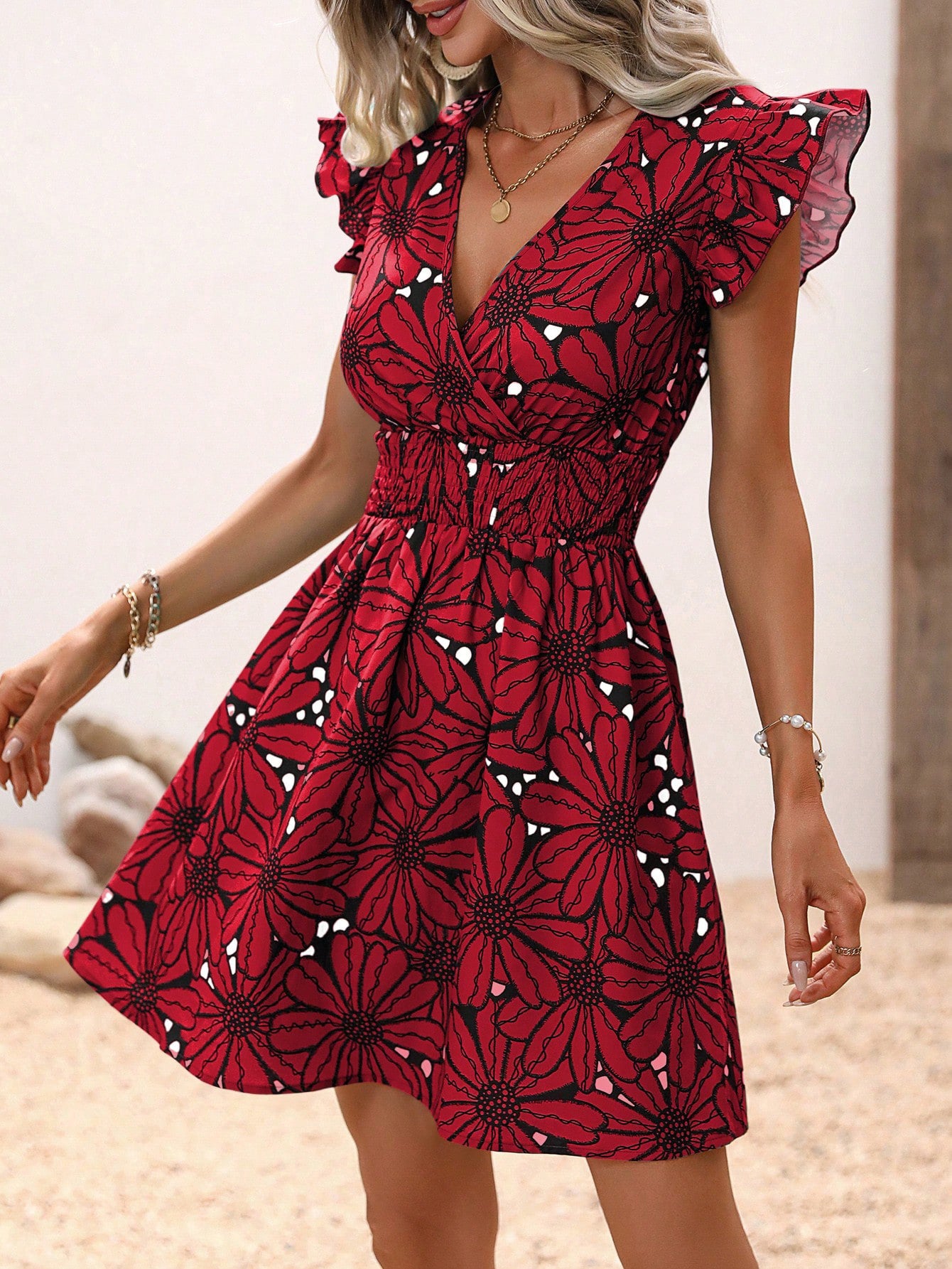 Fashion women's wear Summer 2024 Cross-Border Foreign Trade V-neck Tight Waist Sexy Large Flower Ruffled Sleeveless Dress