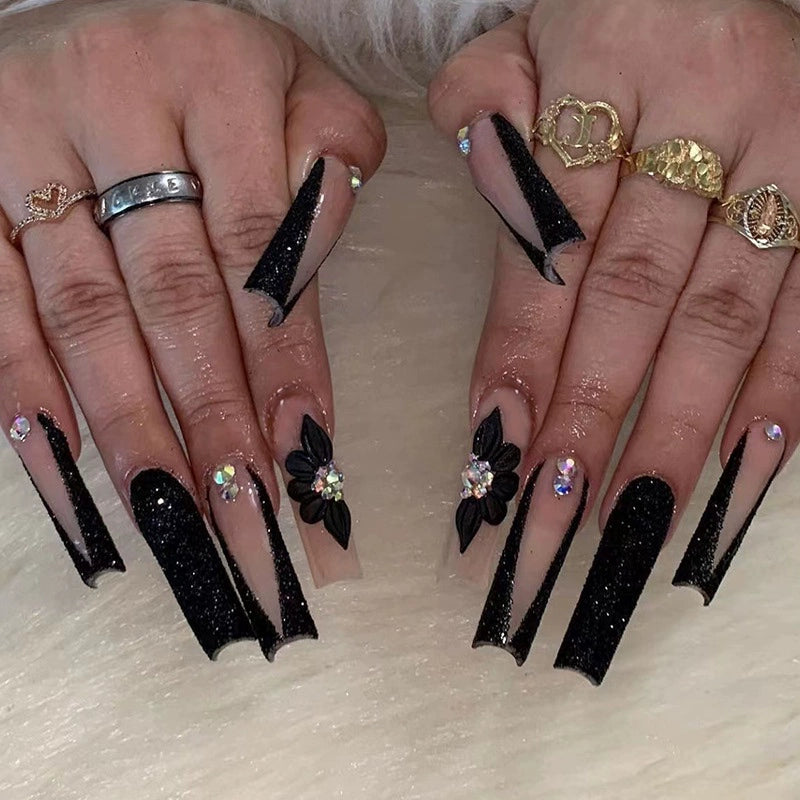 (Hand made nail) European and American Spicy Girl Super Long Instagram Dark Small Stand Retro Trapezoidal Shining Diamond Beauty False Nail Patch Detachable Wearable Nail