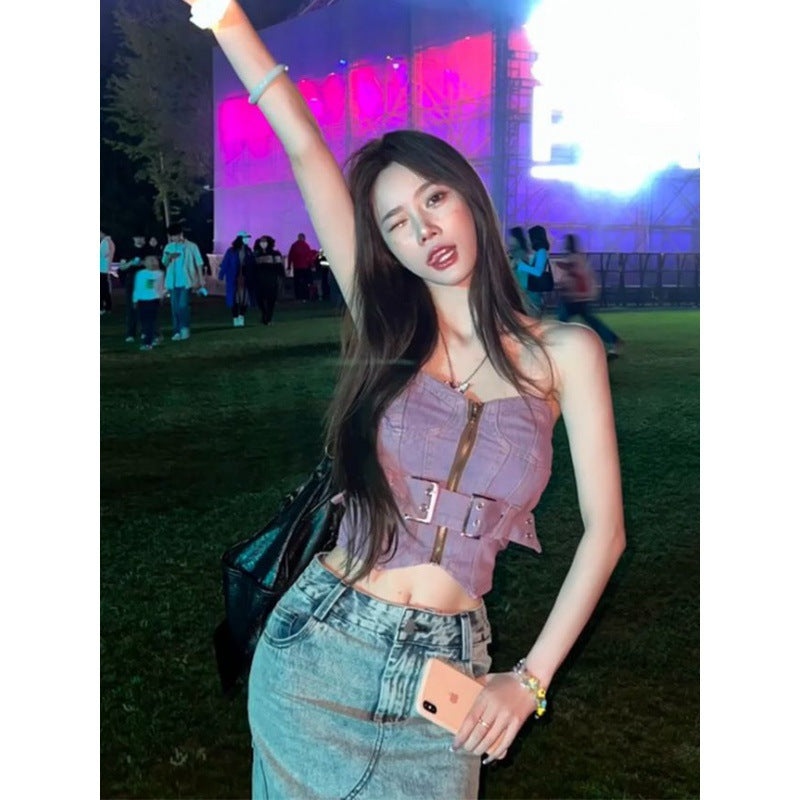 Dopamine tops Free shipping Tattoo Dopamine Spice Girl retro denim tube top women's summer new niche sexy and thin outer garter top