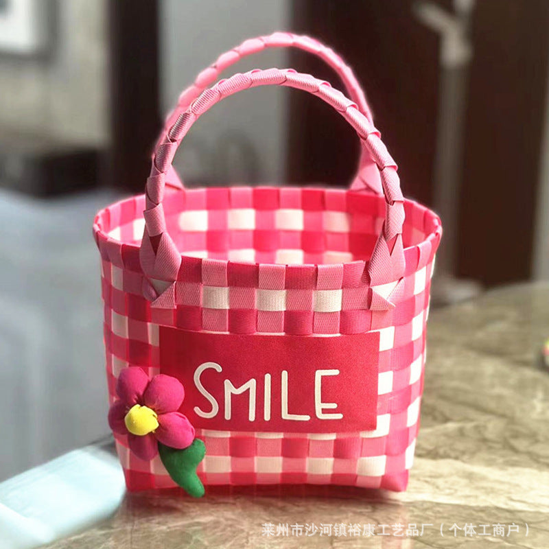 Dopamine Bag Free shipping Tattoo Cartoon dopamine plastic woven bag, trendy macaron hand-woven vegetable basket bag, cute casual seaside beach bag