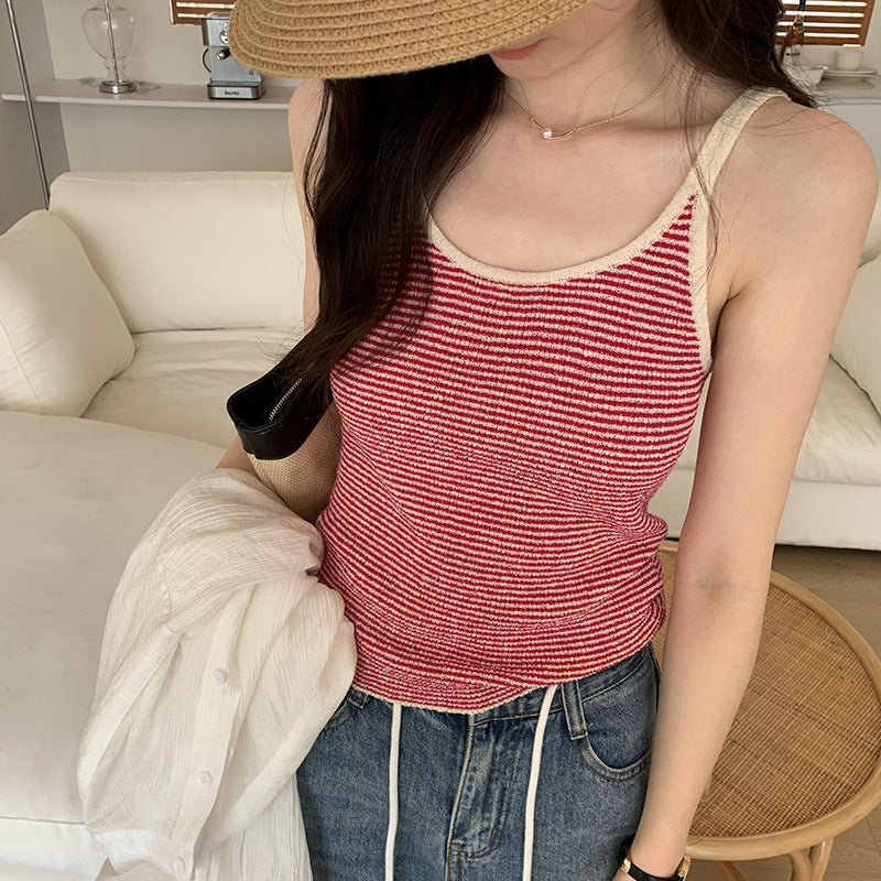 Dopamine tops Free shipping Tattoo Real photo Dopamine unique chic design striped sling vest women's spring and summer new sleeveless top