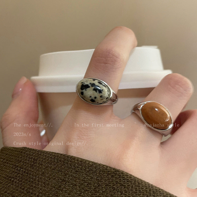 椭圆蛋花石开口戒指秋冬百搭复古食指戒小众简约高级感手饰批发女
