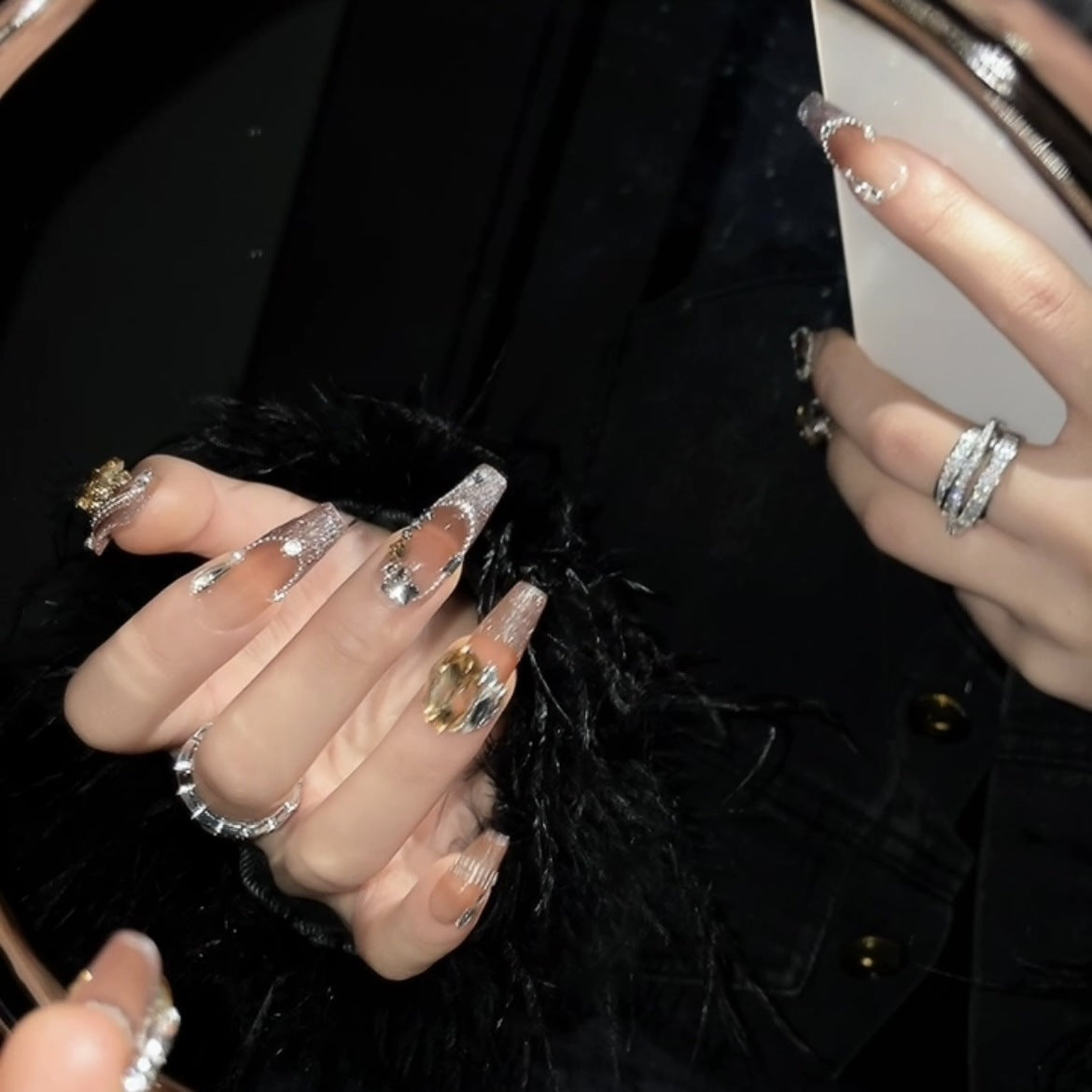 (Hand-Made Nail) Gorgeous and Rich Nail Beauty Rich Socialite European and American Long Ladder French Cat Eye Gradient Autumn Long Detachable Wear Nail