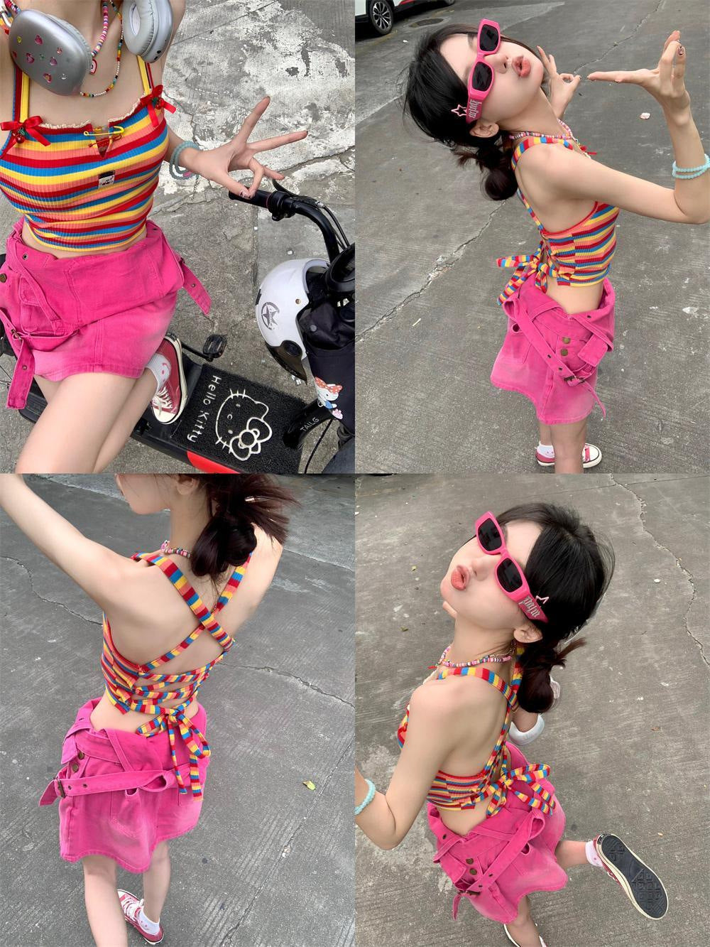 Dopamine tops Free shipping Tattoo Dopamine Sweet Babes Cross Strap Girls French Niche Suspender Vest Outside Sleeveless Striped Design Top