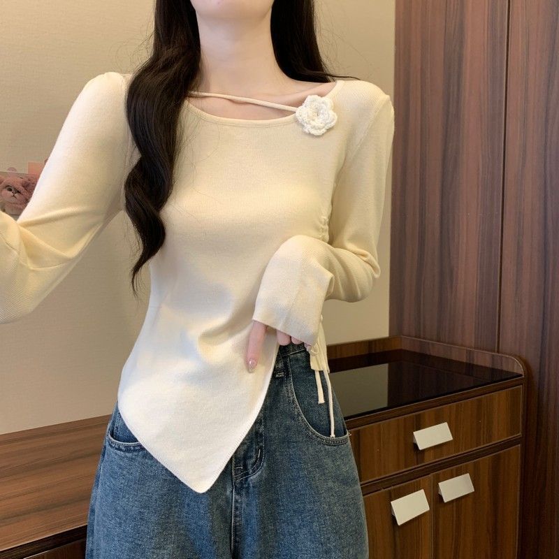Dopamine tops Free shipping Tattoo Dopamine red three-dimensional flower long-sleeved knitted sweater for women's early autumn side drawstring closed waist and thin outer wear small top
