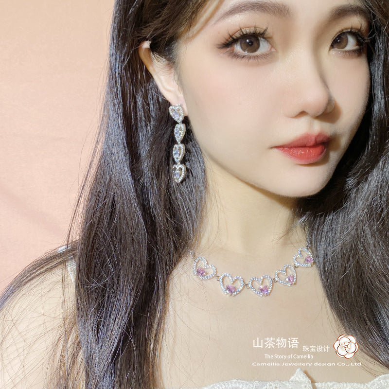 珠宝首饰山茶韩版甜酷少女风闪钻爱心颈链耳环  银针精致显瘦高级长款耳钉