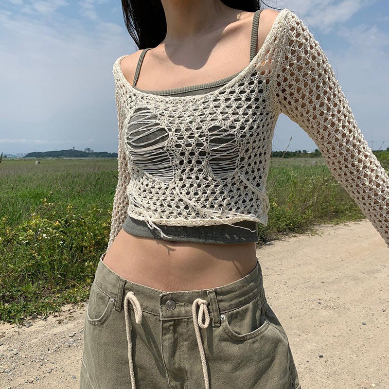 Fashion women's wear  Women's Clothing 2024 New Woolen Blouse Broken Hole Design Sexy Hot Girl Style Short Long Sleeve Top Wholesale