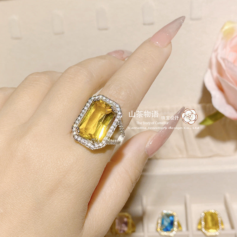 Camellia原设10*16高定设计直播套装 镀金气质金黄锆百搭开口戒指