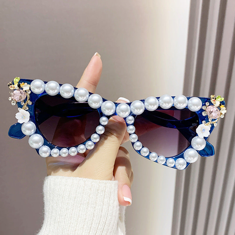 Women's fashion glasses 跨境镶珍珠太阳镜大框架舞会镶钻墨镜女沙滩太阳镜沙雕拍照眼镜