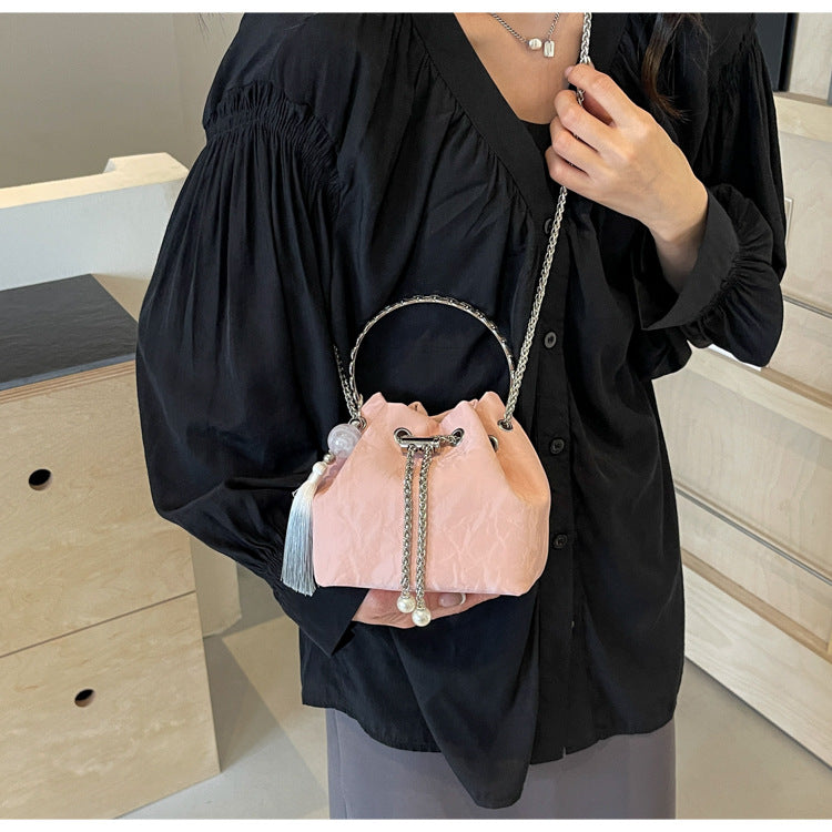 Dopamine Bag Free shipping Tattoo 2024 New Popular Bucket Bag Portable Folded Mobile Phone Bag Niche Dopamine Soft Leather Chain Lucky Bag