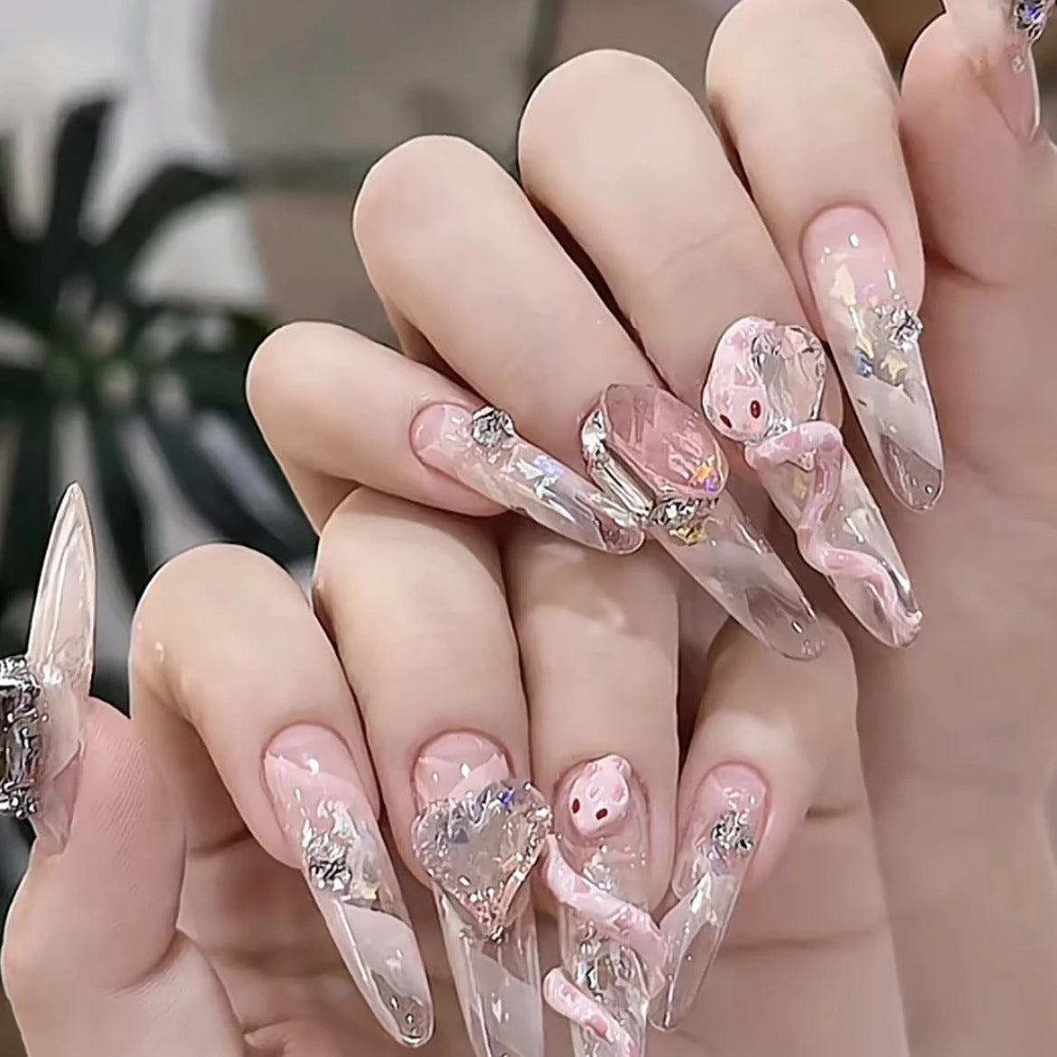 (Hand-Made Nail) Wear Nail Handmade Finished Nail Beauty Fake Nail Patch Niche Advanced Pink Baby Snake Ice Transparent Nude Color Flashing