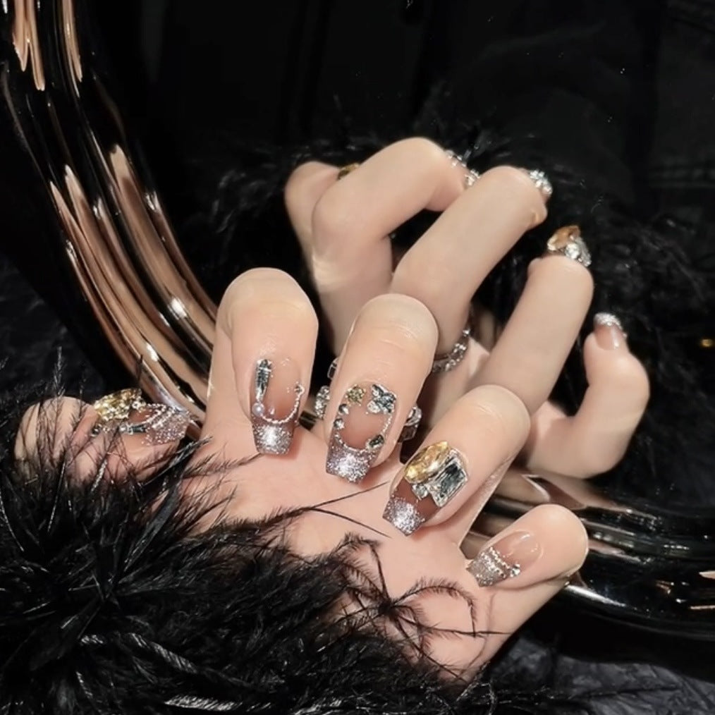 (Hand-Made Nail) Gorgeous and Rich Nail Beauty Rich Socialite European and American Long Ladder French Cat Eye Gradient Autumn Long Detachable Wear Nail