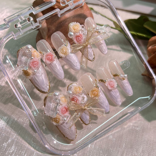 (Hand-Made Nail) Rose Manor Hand-Worn Nail Three-Dimensional Carved Heavy Industry Bridal Wedding Nail Xiaohongshu Nail Sticker Wear Nail Tip