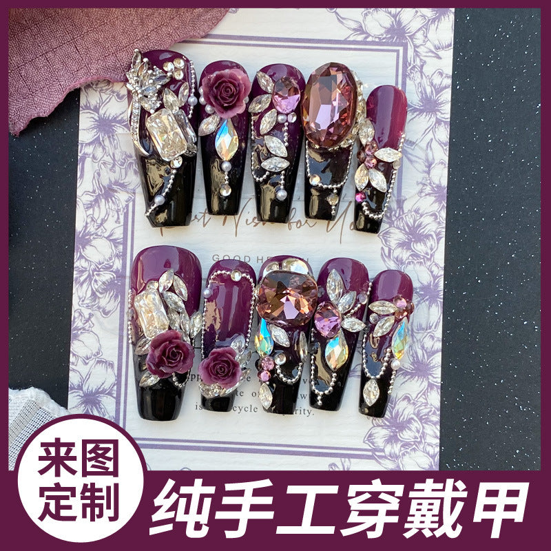 (Hand-Made Nail) Handmade Wear Nail Factory Straight Hair Huazi Purple Heavy Industry Gradient Butterfly Flower Advanced Blooming Manicure