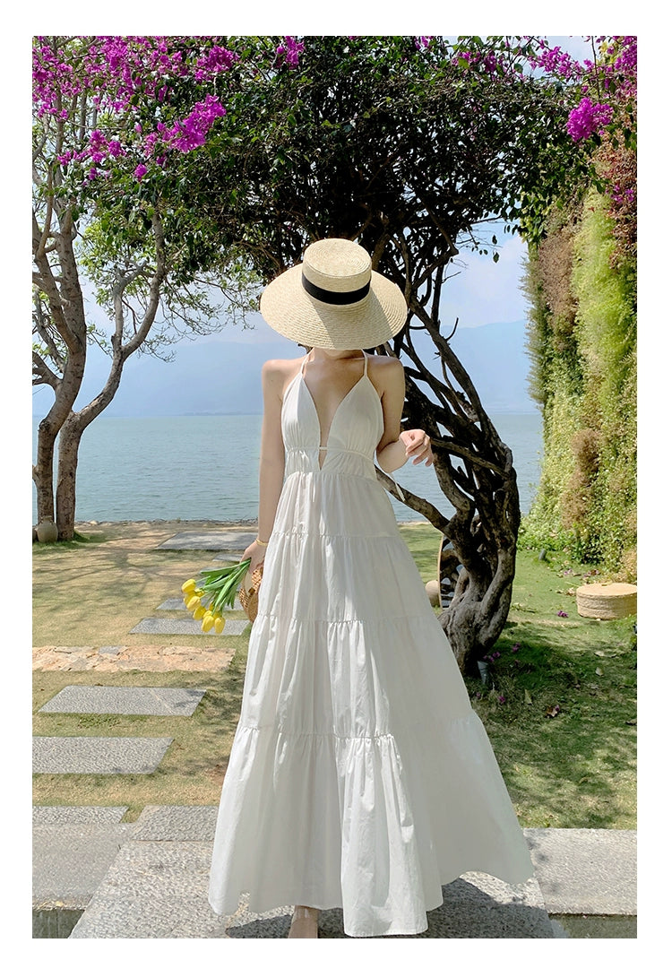Fashion women's wear Yunnan Travel Photography Fairy Dress Orange Deep V-neck Backless Sling Dress Sanya Seaside Beach Skirt Female