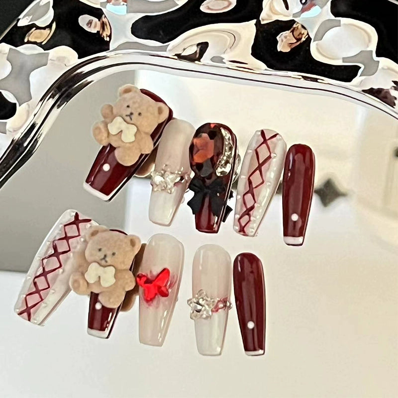 (Hand-made nail) New flocking bears in autumn and winter wear nail patches by hand. Customized detachable big red New Year pearls are sweet.