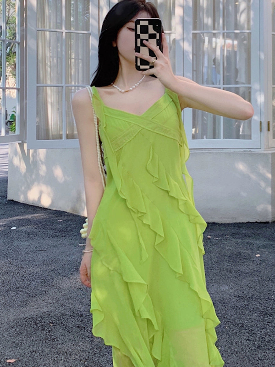 Fashion women's wear French Style Green Suspenders Dress Women's Summer V-neck Elegant Ruffle Waist-Tight Seaside Vacation Beach Dress