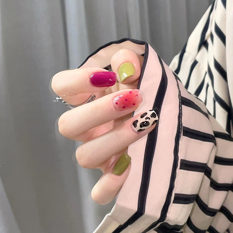 辣妹撞色穿戴甲腮红奶牛纹指甲贴片甜美甲片假指甲美甲贴成品甲片