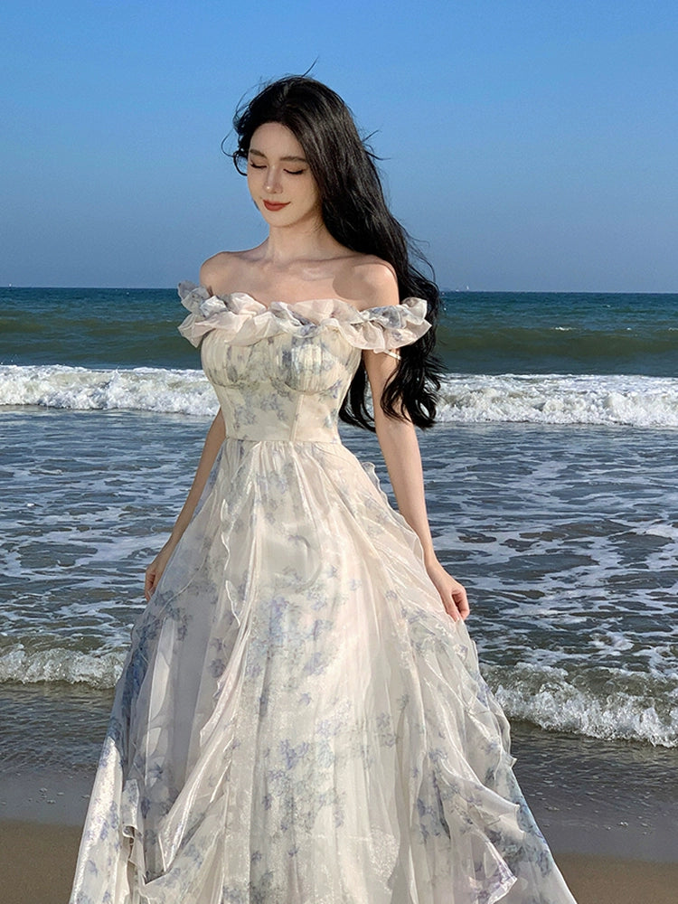 Fashion women's wear French Style Beautiful Floral off-Shoulder Spaghetti Straps Dress Female Summer Super Fairy High Sense Seaside Holiday Princess Long Dress