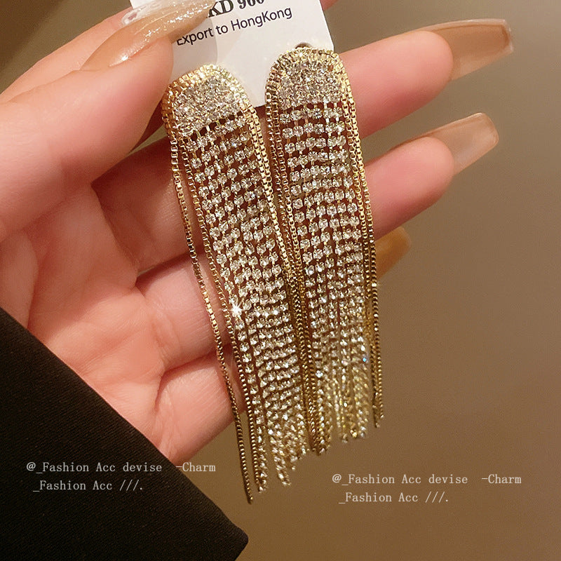 银针镶钻长款流苏耳环欧美轻奢高级感耳坠小众大气时尚耳饰批发女
