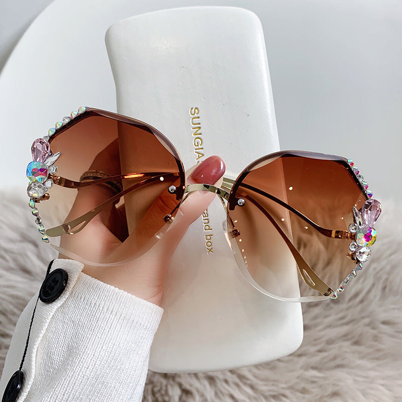 Women's fashion glasses 2024大框跨境韩版水钻太阳眼镜防紫外线水晶墨镜镶钻小香风眼镜女