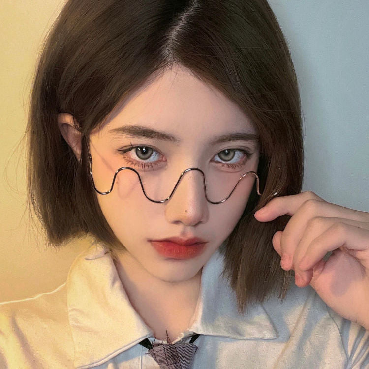 Women's fashion glasses波浪镶钻ins无镜片凹造型网红眼镜框架潮个性装饰线条显瘦素颜镜