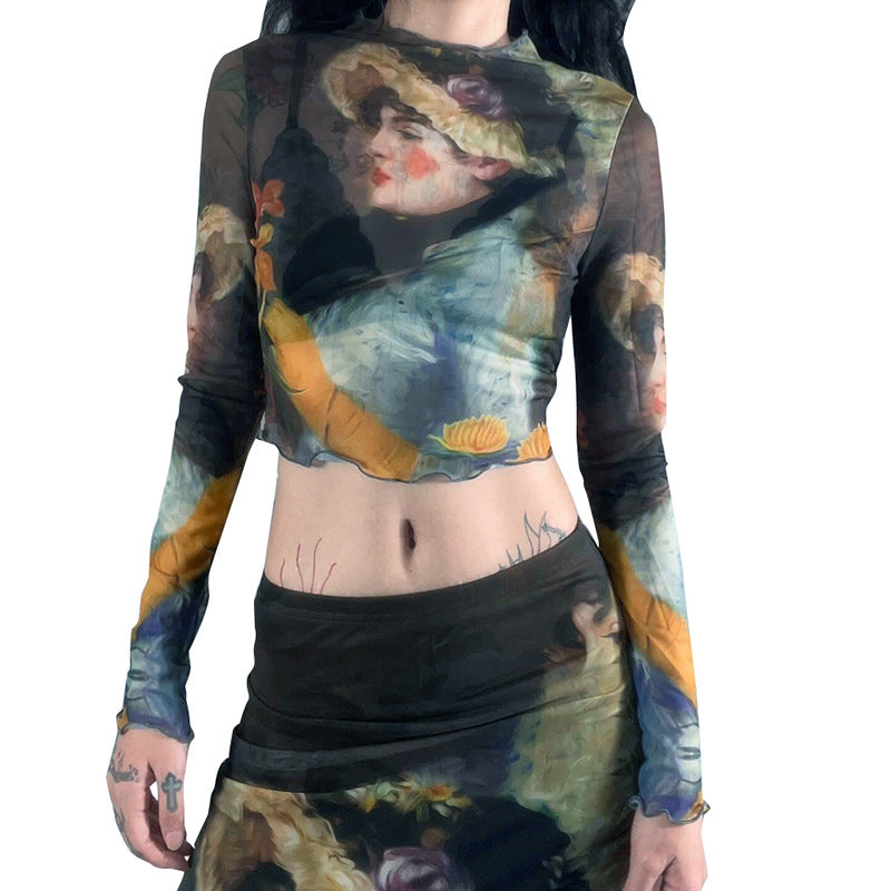 Fashion women's wear Q23tp663 American Fashion Girl Print Design Transparent Long Sleeves Cropped Top Long Skirt Women's Suit