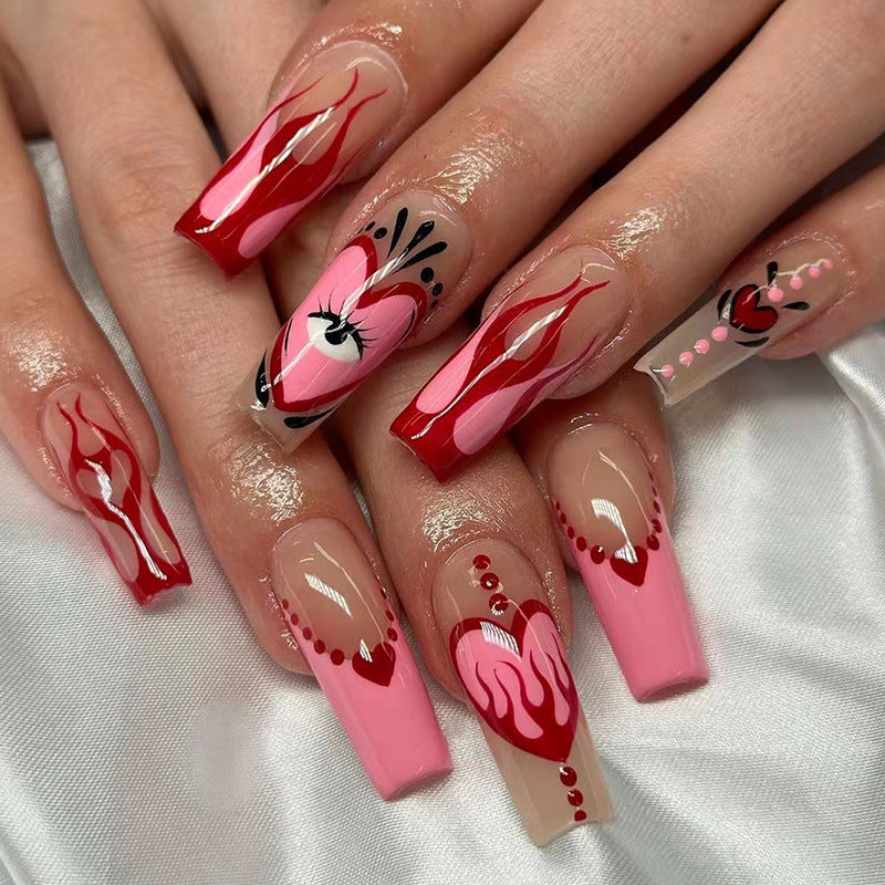 爱心火焰穿戴甲眼睛图nails 跨境美甲片外贸假指甲长芭蕾美甲贴片