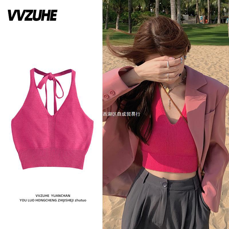 Dopamine tops Free shipping Tattoo Pink Dopamine Wear Seaside Small Suspender Female Sexy Neck Wear Vest Sweet Spicy Thai Top Spice Girl Summer