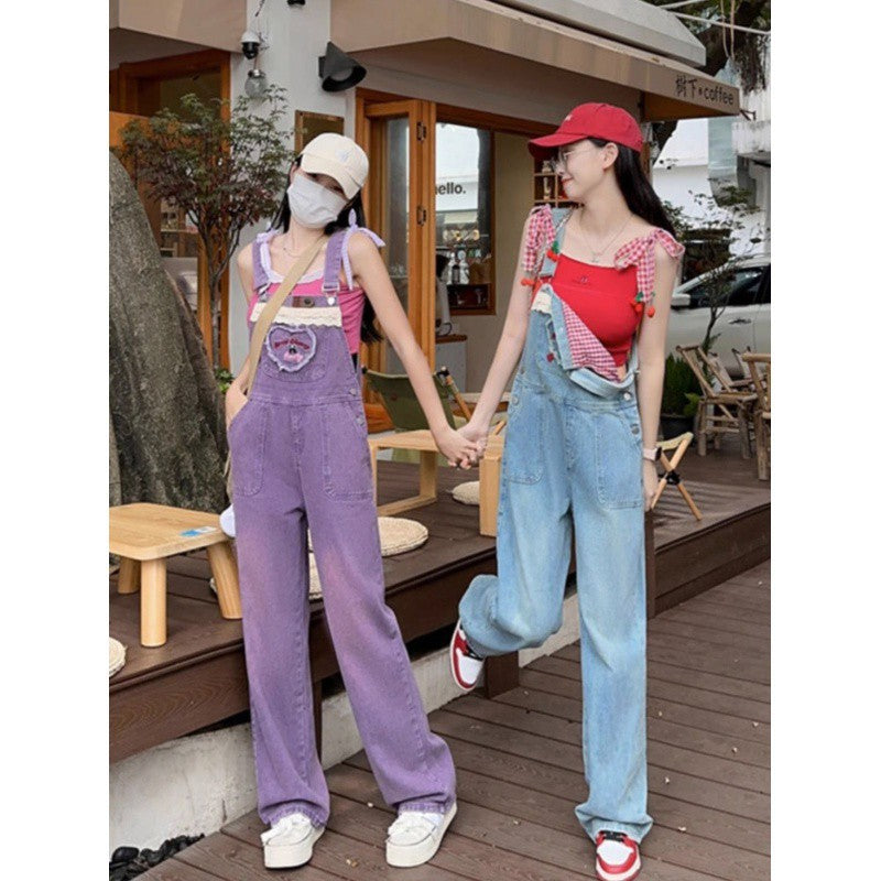 Dopamine pants Free shipping Tattoo Dopamine Denim Overalls Women's Autumn Korean Edition Loose and Cute Student Age Reduction Small Straight Jumpsuit