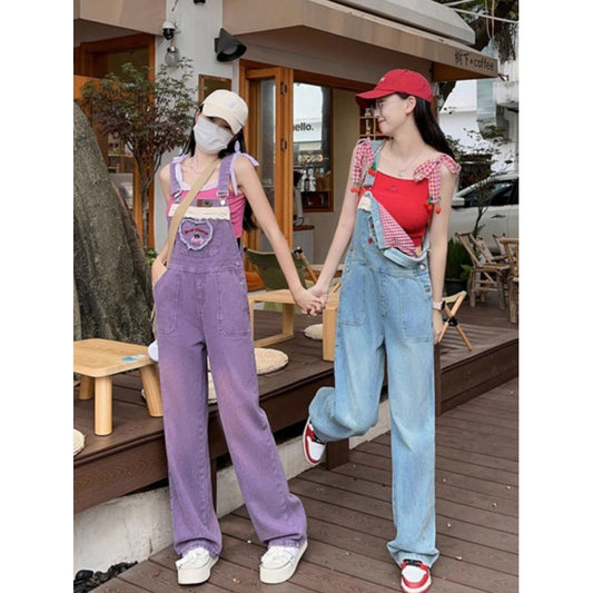 Dopamine pants Free shipping Tattoo Dopamine Denim Overalls Women's Autumn Korean Edition Loose and Cute Student Age Reduction Small Straight Jumpsuit