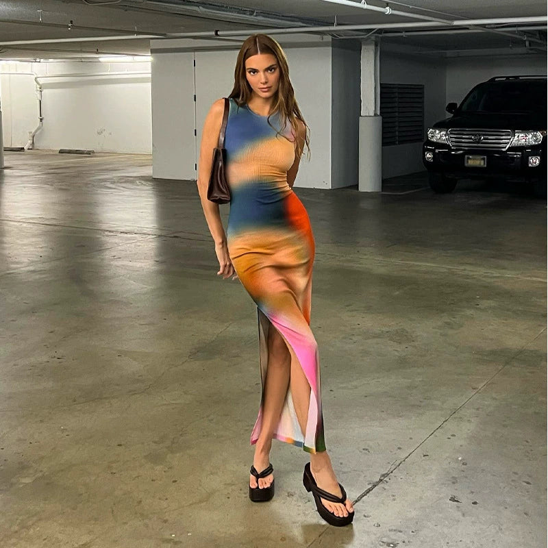Fashion women's wear European and American Ins Star Tie-Dye Design Sleeveless Dress Summer New Hot Girl Sheath Split Dress Fashion