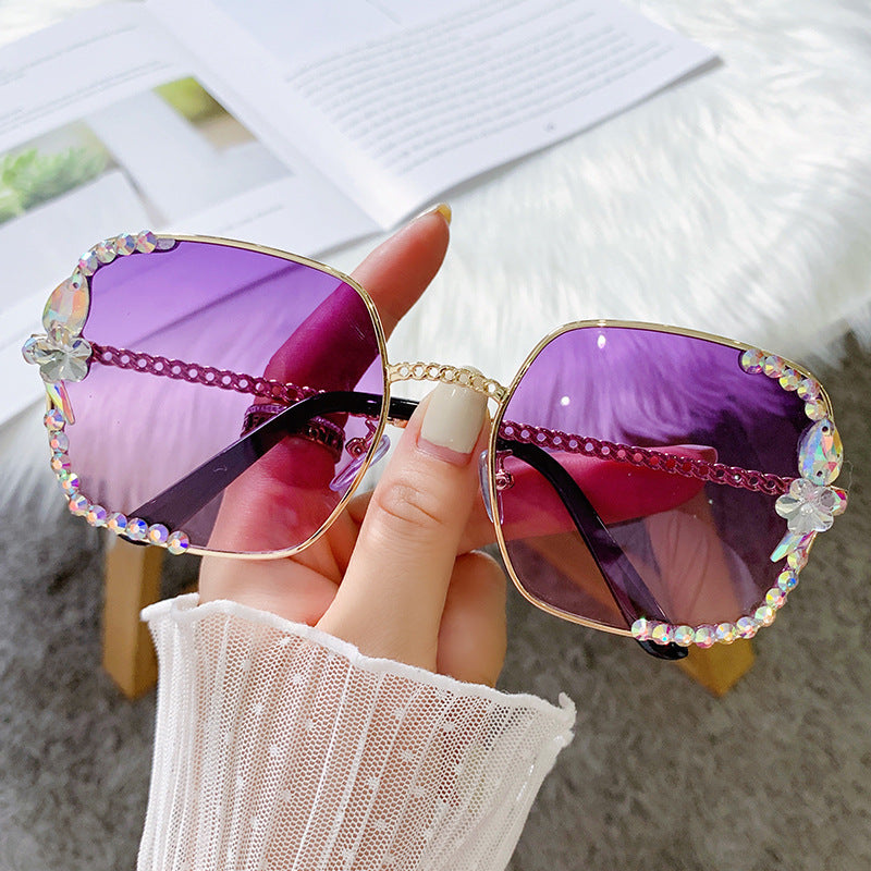 Women's fashion glasses 2024 无框镶钻女韩版潮防紫外线墨镜女素颜神器显脸小太阳镜2022新款