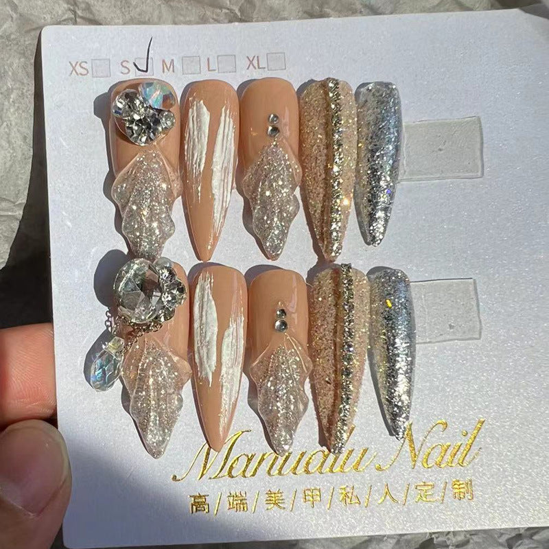 (Hand-Made Nail) Luxury Fairy Nail Art Handmade Wear Nail Crystal Ice Snow Beauty Fishtail Shell Nail Art Bridal High-Grade Disassembly