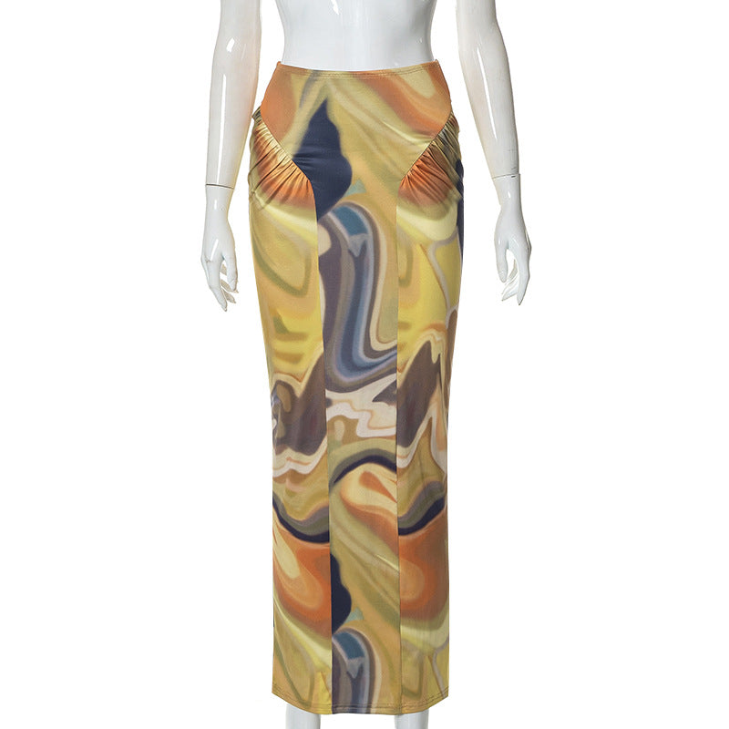 Fashion women's wear M22sk531 Autumn New 2024 High Waist Sheath Print Pleating Casual Fashion   Women's Skirt